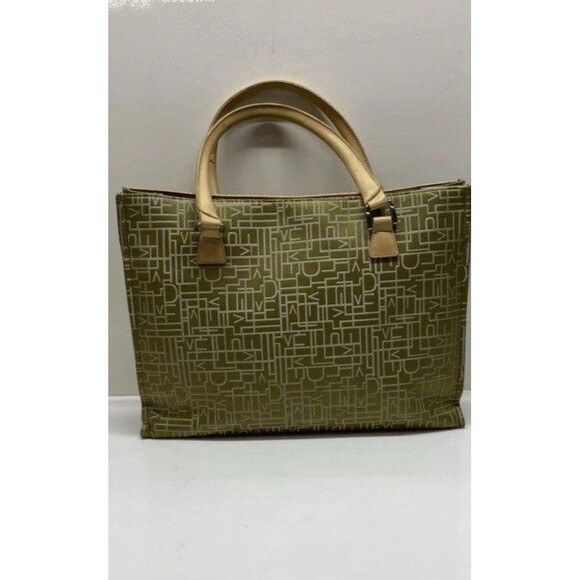 Authentic Diane Von Furstenberg DVF green Canvas Tan Leather Tote Bag Laptop - Picture 9 of 10